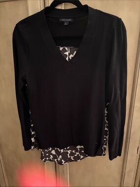 Tommy Hilfiger Black V-Neck Long Sleeve Top with Printed Layer